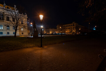 .old opera in prague from the 19th century and light from street lighting in the czech republic