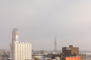City skyline on a foggy winter morning
