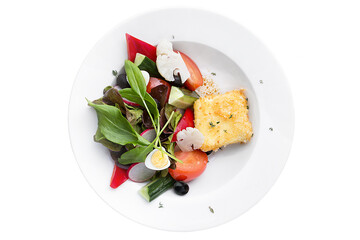 Fresh juicy vegetables and herbs. Restaurant service concept. Isolated.