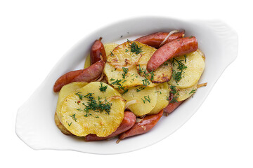 Baked potatoes with sausages. Restaurant serving concept. Isolated.
