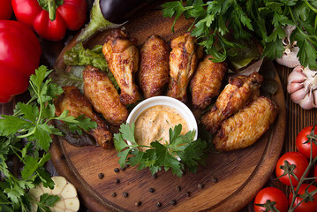 Chicken legs with rosemary on a wooden board. Restaurant service concept. Close-up still life.