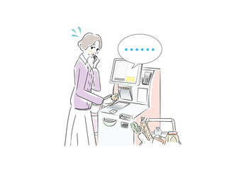 セルフレジに不慣れなシニア女性
