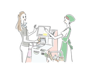 セルフレジの使い方を教えてもらうキレイな女性