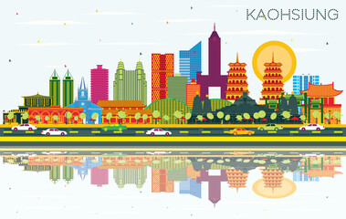 Fototapeta na wymiar Kaohsiung Taiwan City Skyline with Color Buildings, Blue Sky and Reflections.