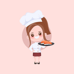 Woman cute chef is cooking character. Hand drawn vector illustration.	