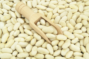 Fototapeta na wymiar White beans with wooden scoop