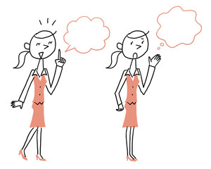 困った顔と笑顔のロングヘアのスーツ女性とフキダシ　全身