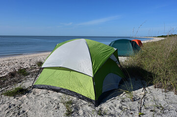 Tent camp on Middle Cape Sable in Everglades National Park, Florida in winter.