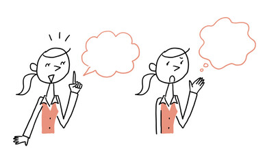 困った顔と笑顔のロングヘアのスーツ女性とフキダシ　上半身