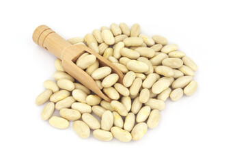 Heap of white beans with wooden scoop isolated on white background