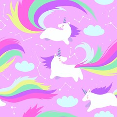 Cute seamless pattern with adorable little unicorns in the pink sky with stars and clouds.
