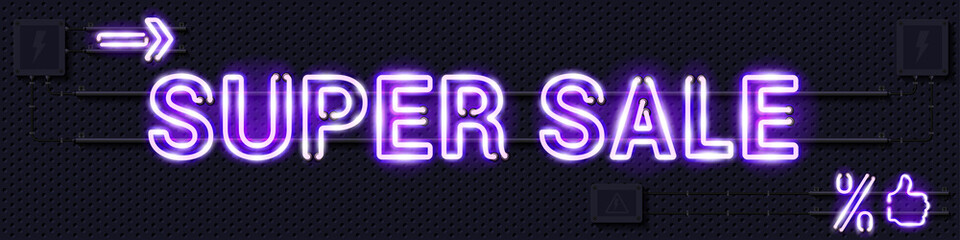 SUPER SALE glowing purple neon lamp sign. Realistic vector illustration. Perforated black metal grill wall with electrical equipment.