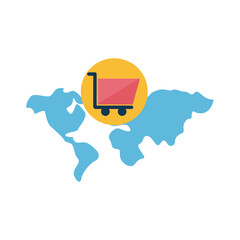 Digital marketing cart on world map flat style icon vector design