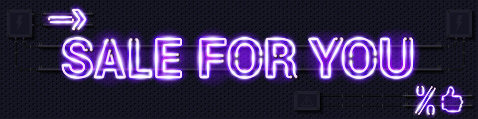 SALE FOR YOU glowing purple neon lamp sign. Realistic vector illustration. Perforated black metal grill wall with electrical equipment.