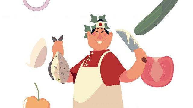 japanese chef worker with fish and knife animation