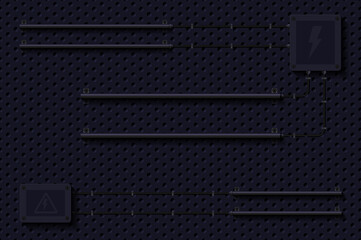 Empty black electric wall, technical background. Realistic vector illustration. Perforated black metal grill wall with electrical equipment.