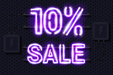 10 percent SALE glowing purple neon lamp sign. Realistic vector illustration. Perforated black metal grill wall with electrical equipment.