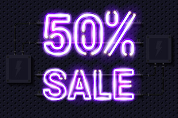 50 percent SALE glowing purple neon lamp sign. Realistic vector illustration. Perforated black metal grill wall with electrical equipment.