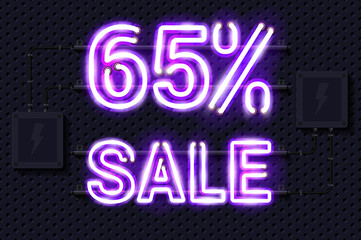 Obraz premium 65 percent SALE glowing purple neon lamp sign. Realistic vector illustration. Perforated black metal grill wall with electrical equipment.