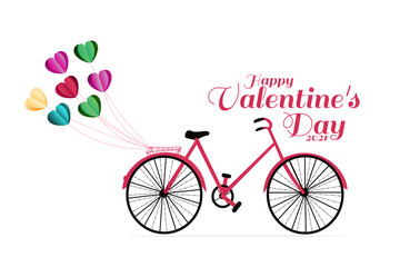 Valentine's day background with a bike and flying realistic heart. Vector.