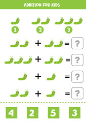 Addition worksheet with cartoon caterpillar. Math game.