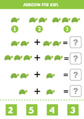 Addition worksheet with cartoon turtle. Math game.
