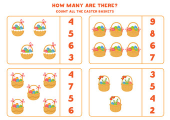 Counting game for kids. Count Easter baskets.