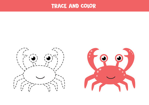 Trace and color cartoon cute crab. Funny worksheet for kids.