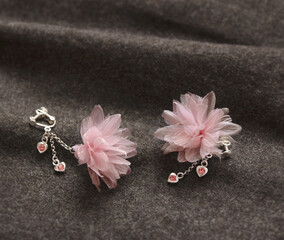 pink organza flower earrings with heart rhinestones, fabric earrings