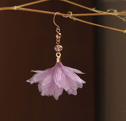 Purple organza flower earrings with pink crystal, fabric earrings