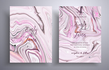 Beautiful set of wedding invitations with stone pattern. Agate vector covers with marble effect and place for text, pink, gray and white colors. Designed for posters, brochures and etc