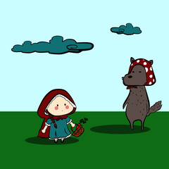 Obraz na płótnie Canvas Doodle Cartoon of Little Red Ridding Hood and The Big Bad Wolf, Cloudy Backgroud, Child Story Icon Logo Avatar