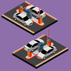 Isometric Drawing of Car Parking Gate, Sample of Open and Close Condition with Two Point of View and Mirror Sample (Left or Right Driver Side), Lilac Background, can be used as Icon, Logo or Avatar