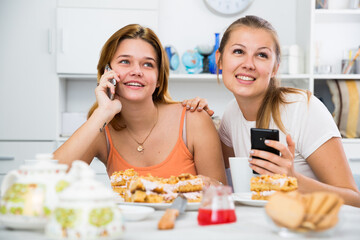 Girl is overhears what her girlfriend is talking to her boyfriend by phone at home.