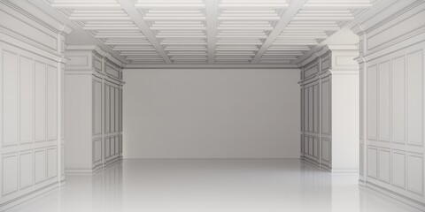 blank white interior room background ,empty white classic walls and white floor,3D rendering
