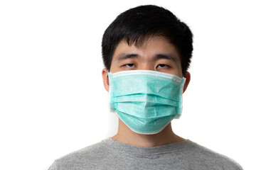 A man wear breathing medical respiratory mask against the Coronavirus (CoVID-19) isolated on white background.