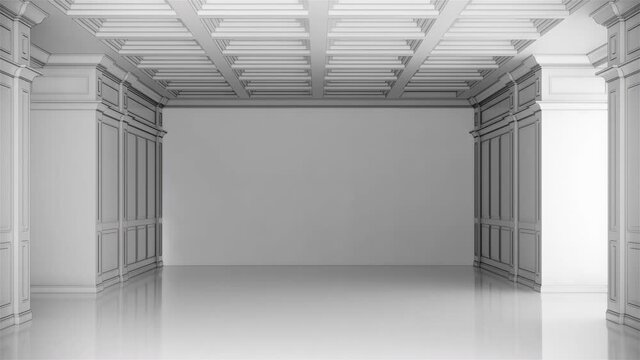 blank white interior room background ,empty white classic walls and white floor, zoom in shot, video ultra HD 4K 3840x2160, 3D animation