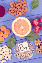 Nutritious different ingredients containing vitamin B7, natural minerals and fiber, healthy nutrition