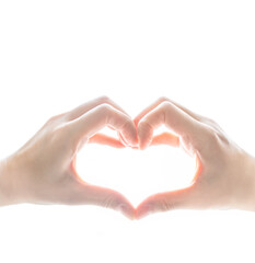 Obraz premium A person's hands express care and love by forming a heart shape with fingers on white background. Symbolic of people's showing emotion on valentine. Isolated hand-sign conceptual.