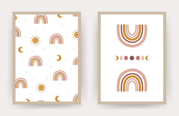 Posters with abstract rainbow and moon. Scandinavian design for wallpaper and home decor. Contemporary geometric backgrounds. Modern vector illustration in flat style.