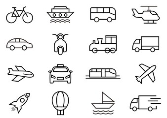Simple set Transport line icon vector,  transportation illustration, car, taxi, train, ship, bycycle, helicopter and more. editable stroke 