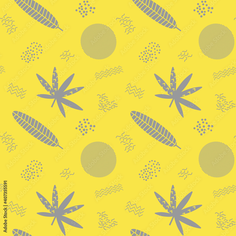 Poster seamless pattern with tropical leaves and abstract shapes. botanical fashion design in trending colo