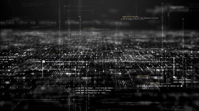 Holographic simulation of 5G network concept, artificial intelligence deep learning performing analytic computational head up display loop background