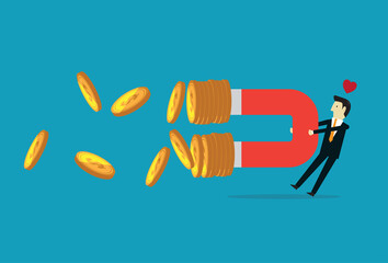 Businessman using a magnet to suck money