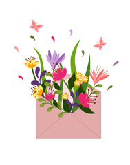 Spring card with a postal envelope and a bouquet of flowers. Time for spring. Vector card for invitations, congratulations, logos and icons. White background.