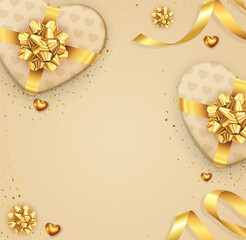 Golden valentine's background with gift box and ribbon