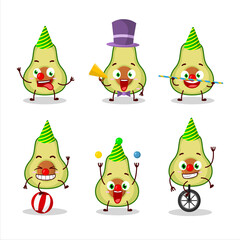 Cartoon character of slice of avocado with various circus shows