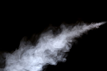 Close-up view of white water vapor with spray from the humidifier. Isolated on black background - obrazy, fototapety, plakaty
