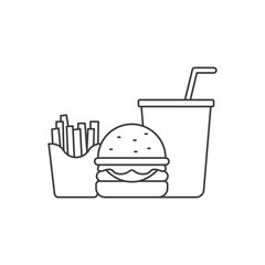 Burger, fries and soda vector illustration in simple line art design isolated on white background. Linear style of fast food icon