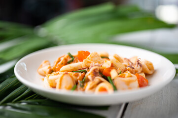 Stir Fried Squid with Salted Egg Yolk, Thai Seafood.